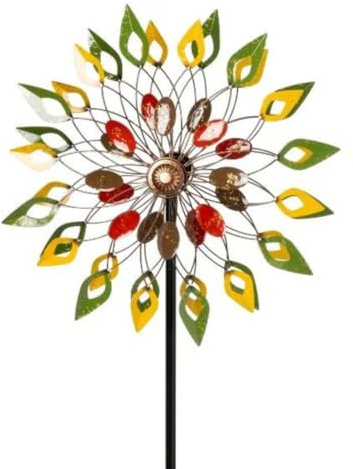 finehomegarden Windrad XXL Metall Windspiel Doppelt Gartendeko Windmühle Gartenstecker bunt Ø56x22cm H198cm