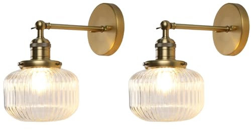 Pathson Set de 2 Vintage Industriel Applique Murale E27 Luminaires Intérieur Abat-jour en Verre Côtelé Ø16CM Lampe Murale pour Salon,Cuisine, Salle de bain,Miroir (Laiton Antique 2PCS)