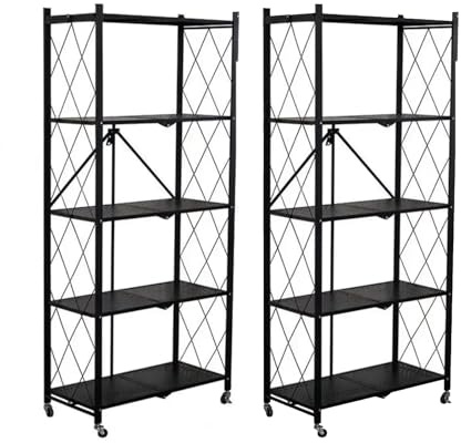 SEVEN COMFORT Klappregal 2er, Faltbares Regal, 5-Etagen Lagerregal, Metallregal mit Rädern – 100 kg, für Küche, Badezimmer, Wohnzimmer (Schwarz)
