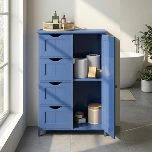 VASAGLE Mobile da Bagno, Mobiletto per Bagno Stretto, Organizzatore, Cassettiera, con 4 Cassetti, Anta, Ripiano Regolabile, 30 x 55 x 82 cm, Blu Porto LHC041QE02