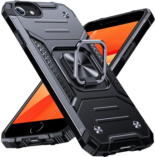 Anqrp Armor Handyhülle für iPhone SE 2020, iPhone SE 2022 Hülle mit Ring Halter Ständer, [Fallschutz in Militärqualität] Stoßfest Schutzhülle Kompatibel mit iPhone 8/7/6S/6 Case, Schwarz