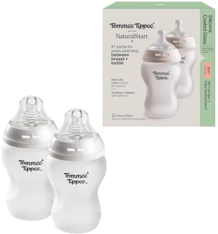 Tommee Tippee Biberons en verre enveloppé de silicone Natural Start, Dès la naissance, 250 ml, Lot de 2