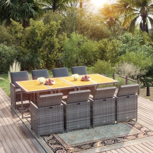 Yunovire 9-TLG. Garten-Essgruppe mit Auflagen, Poly Rattan Grau, ausziehbarem Tischgestell, für Terrasse und Balkon, wetterfestes Outdoor Patio Dining Set