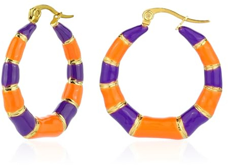 TaYolnFaSo Boucles d'oreilles créoles épaisses en émail pour femmes 18K plaqué or - Bagues émaillées en bambou à carreaux - Cadeau pour elle, Acier inoxydable, Pas de pierre précieuse