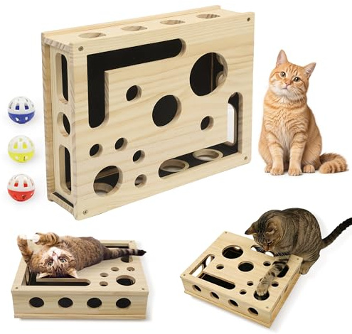 LZDMY Juguete Interactivo para Gatos de Madera, Caja de Empleo para Gato | Juguete para Gatos Interior con 3 Pelotas, Rascador para Gatos Accesorios Limar Garras, Regalo para Gatitos y Adultos
