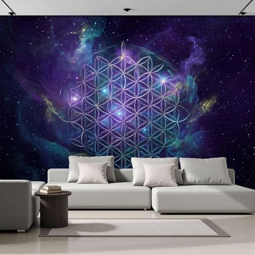 DACRWEKZ Papiers Peint Panoramique Univers fantastique Papier peint bleu-violet Papiers peints Soie Motif Nébuleuse Fleur de Vie papier peint chambre enfant Décoration Murale 300x210cm