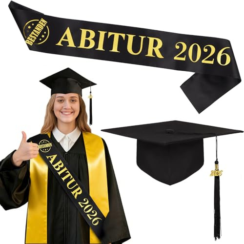 COMOOKA Abi 2026 Deko Schwarz - Abitur 2026 Schärpe mit Absolventenhut - Abitur 2026 Geschenke - Abi Dekoration & Fotoaccessoires für Abschlussfeiern & Prüfungserfolge