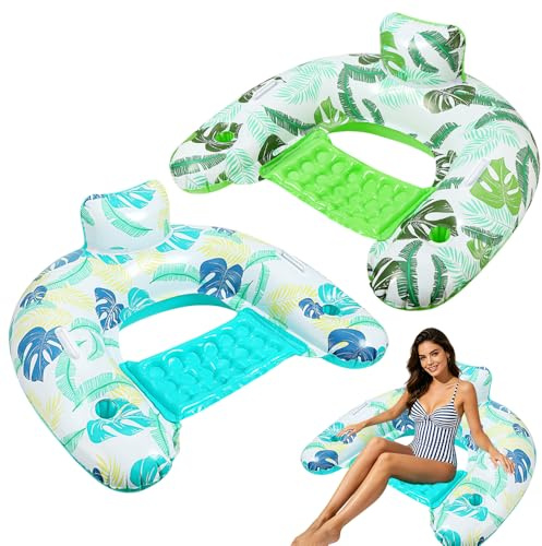 RNPKZ 2 Pack Inflatable Pool Float, Pool Chairs with Cup Holders, Pool Floating Chair, Inflatable Pool Float Chair, Relax in the Swimming Pool, Beach, Lakes, Water Lounge Summer Holiday (Green+Blue)