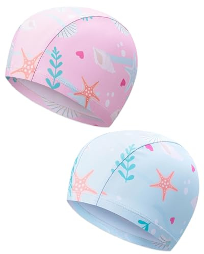 KAKFEL Cuffie da Nuoto per Bambini 2 Pezzi (Blu e Rosa) – Cuffia Piscina in Tessuto Morbido, Aderenza Comoda & Sicura per Bambine e Bambini