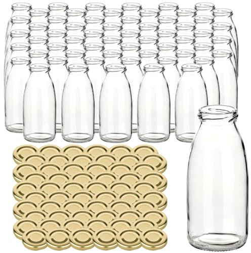 gouveo lot de 60 bouteilles de jus 250 ml avec bouchon à vis doré - bouteille en verre 0,25 l avec bouchon TO43 - bouteille vide pour jus, smoothie, limonade (SF250G)