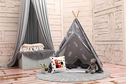 Elflandis Tipi Spielzelt für Kinder mit Matte & Aufbewahrungs- tasche & Box Baumwolle Segeltuch Kinderzelt (Grau)