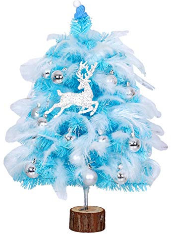 Alberi di natale RENRUIRUI Blu Decorato con Piume Bianche E Palline di Natale Argentate, Piccolo Tavolo for Decorazioni Natalizie da Ufficio (Size : 60cm)