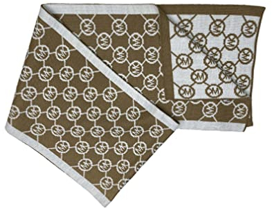 Michael Kors Schal I Damen I 160cmx25cm I MK Logosignatur I 100% Acrylwolle I beidseitig tragbar I Weiss/Hellbraun 8381