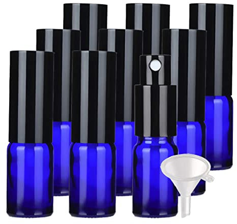 PQPAUTY 24 Pièces Flacon Spray en Verre Bleu 10ml et Pompe Spray Noire pour Parfum Cosmétique Pulvérisateur Bouteille Voyage Rechargeable, 4 pièce Entonnoir