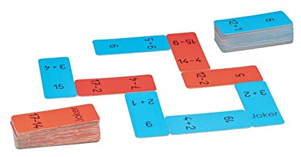 Domino Addizione e sottrazione nell'intervallo di numeri 20 | 60 carte attività | Per 2-4 giocatori. 1 set di istruzioni in 4 lingue (DE, EN, FR e ES). in cartone laminato e riciclato al 100%