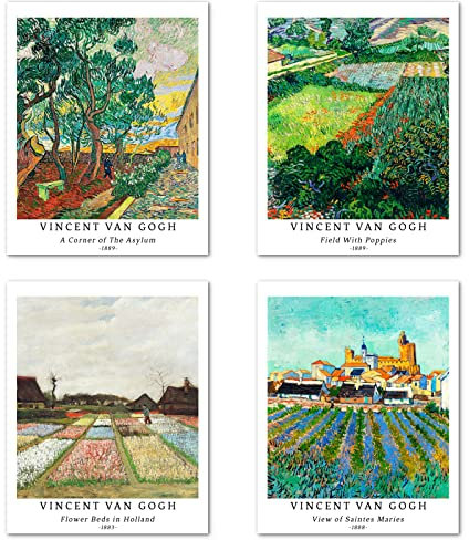 Berkin Arts Kunstdruck Ungerahmt Landschaft Bilder Set von 4, Poster Größe: 20x25 cm Premium Kunstpapier Wanddeko Moderne Grün Wunderbarem Botanische Passenden Collage Deko Vincent Van Gogh Poster