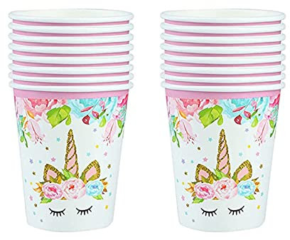 cailiya Decoraciones de Cumpleaños de Unicornio, 16 Pcs Cumpleaños Vasos de Papel de Cubiertos, Rosa Vasos de Papel para Niñas para Suministros de Fiesta Servir a 16 Invitados