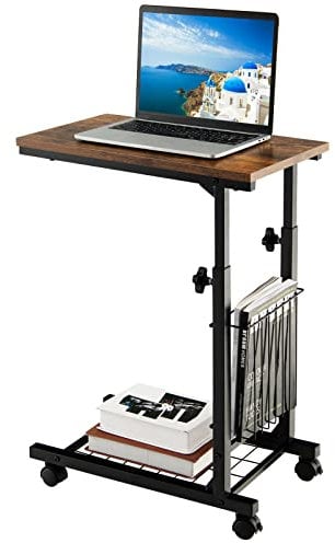 Multigot C-shape Sofa Side Table, Adjustable Height End Table with Storage Basket & Wheels, Compact Rolling Laptop Table for Living Room & Bedroom (Rustic Brown)