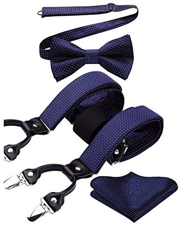 HISDERN Marine Blau Hosenträger Herren Fliege und Hosenträger Set Herren Klassische Punktmuster Verstellbar Y Form Mit 6 Extra Stark Clips Braces Hochzeit