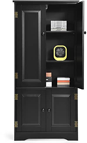 Multigot Bathroom Floor Cabinet, Freestanding Storage Cupboard with Adjustable Shelves and 4 Doors, Retro Organizer Unit for Hallway Living Room Bedroom (Black)