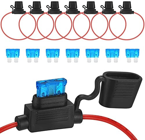 7 Stk Sicherungshalter mit Draht, Kfz Auto Sicherungshalter Kupferkabel, Inline Flachsicherung Halter, Flachsicherungen für Auto/Lkw/Motorrad Sicherungshalter (16AWG/15A Kfz Sicherungen)