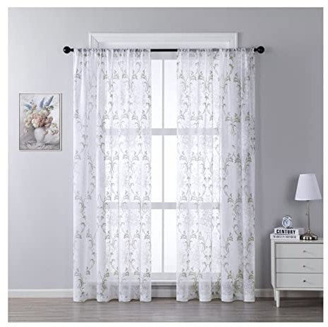 Aotiwe Scheibengardinen 2er Set, Schiebegardinen Vintage Blumenmuster Grün Polyester 137X160cm