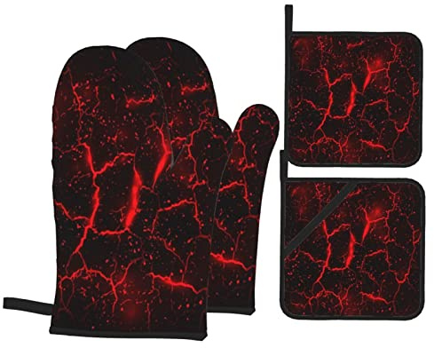 Ofenhandschuhe und Topflappen-Sets mit 4 Stück, Vulkan-Lava-Textur-Hintergrund, Ofenhandschuhe, hitzebeständige Ofenhandschuhe, Set, Topflappen für Küche, Backen, Grillen