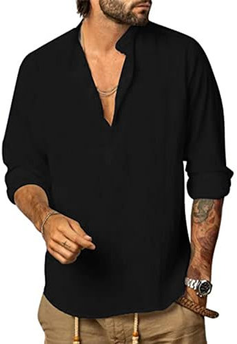 YAOHUOLE Mens Cotton Linen Shirt Long Sleeve Casual Summer Beach Shirts Plain Button Henley Black M