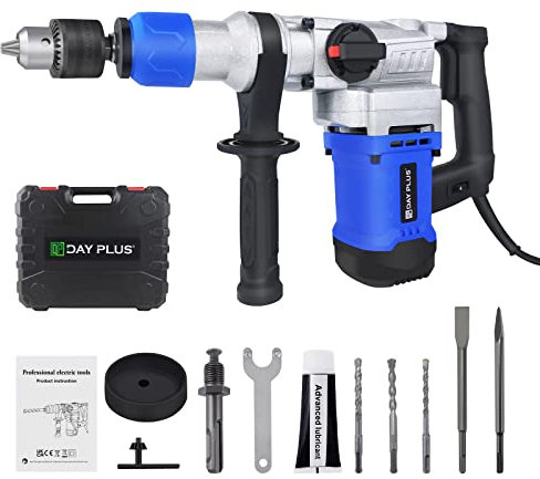 Rotary Hammer Set Hammer Drills Kit (1080W, 4500RPM Impact Frequency, Drilling, Hammer Drilling, Chiselling with Chisel Fixing, Incl. 3 Drill Bits, Pointed and Flat Chisel, Case) (Blue)