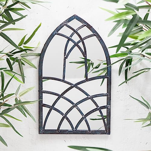 Metal Arched Distressed Grey & Blue Metal Church Gothic Style Garden Wall Mirror 40cms