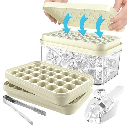 Vrent Cubiteras para Hielo de Silicona Con Tapa Y Cubo, Cubitera Silicona de Grado Alimenticio con cuchara para congelador, Fácil liberación Apilables Bandeja de 56 moldes de silicona (Blanco leche)