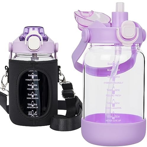 Seekua 1l Sport Gourde Verre avec Paille & Infuseur à Fruits 1 litre grande Bouteille d'eau Verre avec Marqueur de Temps & Heure de Motivation