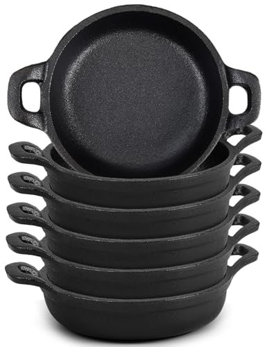 Ziliny Mini Cast Iron Skillets 5 x 5 x 1.3 Inch Cast Iron Pan Small Ramekin Set Black Casserole Dish Cast Iron Cookware Oven Safe Mini Skillets for Kitchen Indoor Outdoor Picnic (6 Pack)