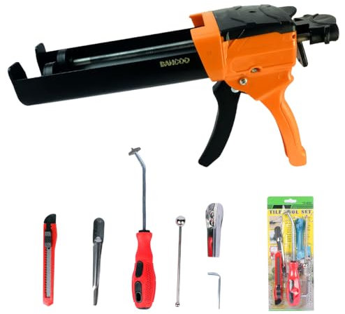 BANCOO Hydraulische Doppelkartuschenpistole, 400 ml, 1:1 Mischverhältnis, Zweikomponenten-Epoxidpistole, tropffreier Applikator mit 6 Fugenwerkzeugen für Fliesenfugen und Kleber (BC89C)