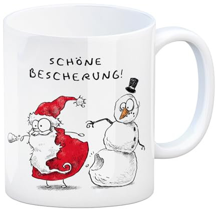 Weihnachtsmann und Schneemann Kaffeebecher mit Spruch Schöne Bescherung lustiger Weihnachtsmann Kaffeebecher Weihnachtsmotiv Tasse Weihnachten Comic Kaffeetasse Stil Kritzel