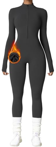 OEAK Damen Sport Jumpsuit Lang Eng Yoga Overall Langarm Rollkragen Playsuits mit Reißverschluss Nahtloser Fleece gefüttert Bodysuit Einteiler Romper,Grau,M