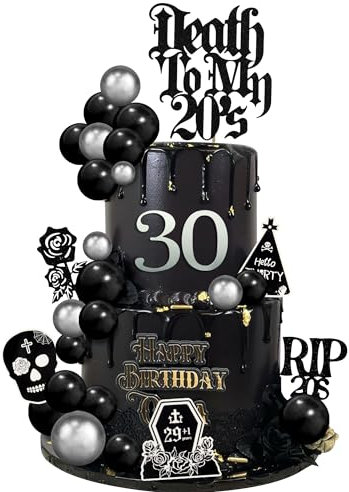 DRWATE 33 PCS Death to My 20s Cake Topper RIP 20s Cake Decorations for Funeral Happy Youth 30th Birthday Gothic Theme Party Supplies (01)