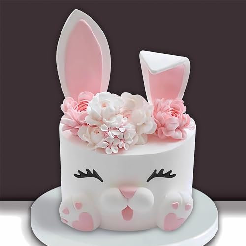 DRWATE 12 PCS Bunny Cake Topper with Ear Foot Flower Eye Nose for Easter Bunny Rabbit Baby Shower Birthday Party Supplies (Pink)