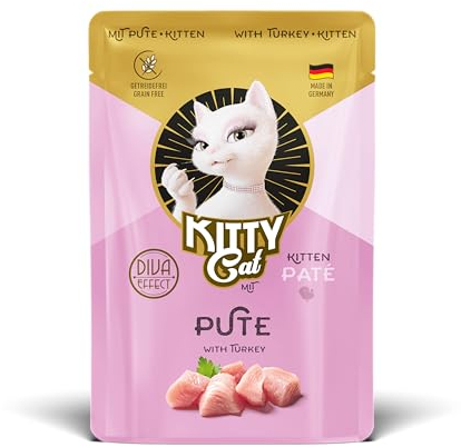 KITTY Cat Paté Pute Kitten, 48 x 85 g (Großpackung), Nassfutter für junge Katzen, getreidefreies Katzenfutter mit Taurin und Lachsöl, Alleinfuttermittel mit hohem Fleischanteil, Made in Germany