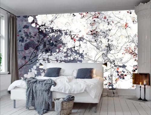 Fototapete Blumen 3D Tapeten 3D Effekt Wohnzimmer Schlafzimmer Vliestapete Handgemalte Weiße Kirschblüte Natur Grau Graffiti Steinoptik Kinder Tapeten