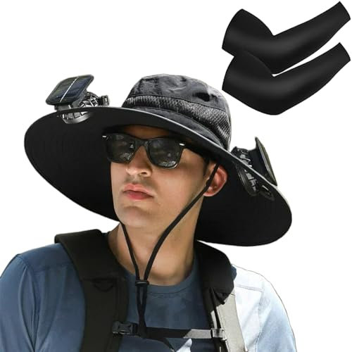 Outdoor Wide Brim Sun Hat with Solar Fan, 2024 New Solar Fan Hat, Hat with Solar Fan for Outdoor Fishing Summer Camping Beach (Fan*2, Black)