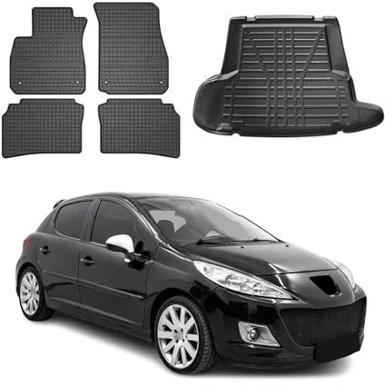 OMAC Juego de Alfombras Coche, Alfombrillas y Bandeja para Maletero, Esterilla Coche, Compatible con Peugeot 206 Tricuerpo 2007-2012, Goma 5X