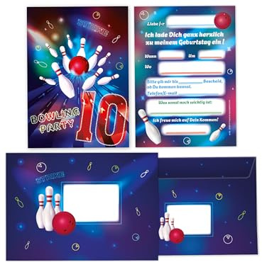 Limonia 12 Einladungskarten inkl. 12 Umschläge zum 10. Kindergeburtstag Motto-Party Bowling neon Einladung Set Geburtstag Mädchen Kinder Jungs Jungen Boys Teenies