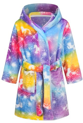 FILOWA Accappatoio con Cappuccio Bambina Ragazza Flanella Vestaglia Cartoon Unicorno Stampa Caldo Morbido Pigiama Doccia Lungo Colorato Pile Indumenti da Notte per Bambini 3-4 Anni