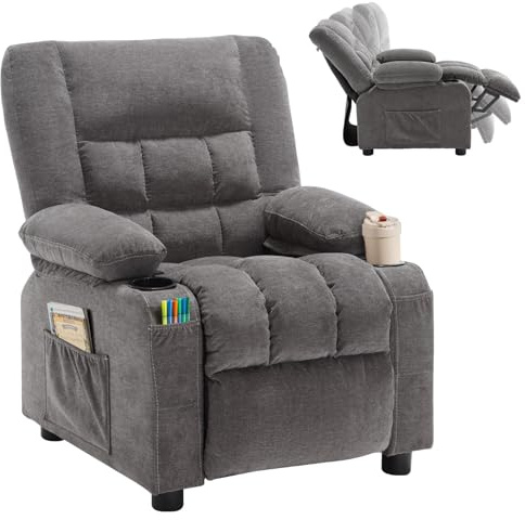 BOSMILLER Kids Recliner Chair， Push Back Toddler Recliner with Cup Holders & Side Pockets， Adjustable Footrest & Headrest Kids Sofa for Boys Girls 3+ Age Group