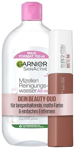 Bundle of Maybelline New York Super Stay Matte Ink Un-Nudes, Nr. 65 Seductress, 5ml + Garnier Mizellen Reinigungswasser, SkinActive, 1 x 700 ml