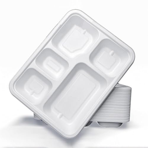 ECONX Bagasse 5 Compartment Food Tray Plate for Serving Party Compostable Plates Eco-Friendly Disposable Sugarcane Paper Trays for Restaurants, Parties, Special Events for Types of Food Service (200)