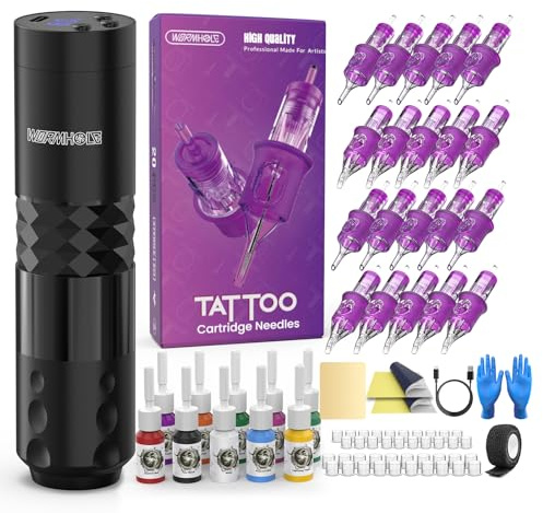 Wormhole Tattoo 78PCS Wireless Tattoo Gun Kit with 1500mAh Capacity Battery, Tattoo Cartridge Needles with Finger Ledge, Complete Tattoo Kit for Beginners and Artists WTK294- Black