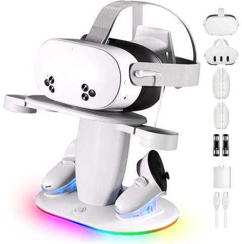 Ladestation kompatibel mit Meta Quest 3/3S/2, magnetischer VR-Ständer mit Schnellladung, RGB-Beleuchtung, 2 wiederaufladbare Batterien, Typ-C, Zubehör für Oculus Quest Headset und Controller