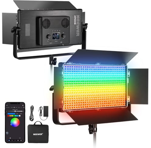 NEEWER 105W RGB LED Panel Video Light Kit with Barn Doors, 1200 LEDs 31500Lux/0.5m 2500K-10000K CRI96+/TLCI97+ Dimmable, APP/2.4G/Panel/DMX Control, Studio Photography Video Recording Lighting, AP100C
